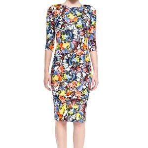 Erdem Wilhelmina Colourful Floral Knee Length Dress Elbow Sleeves US 8